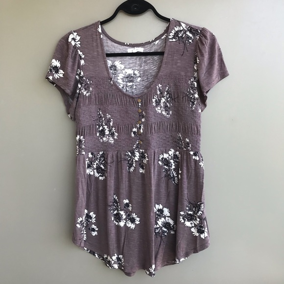 Maurices Tops - Flower Print Button Front Smocked Bust Tee